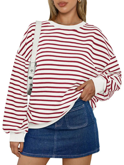 Pullovers Sweatshirts- Casual Stripes Oversized Pullover- Red- IndioGear.com