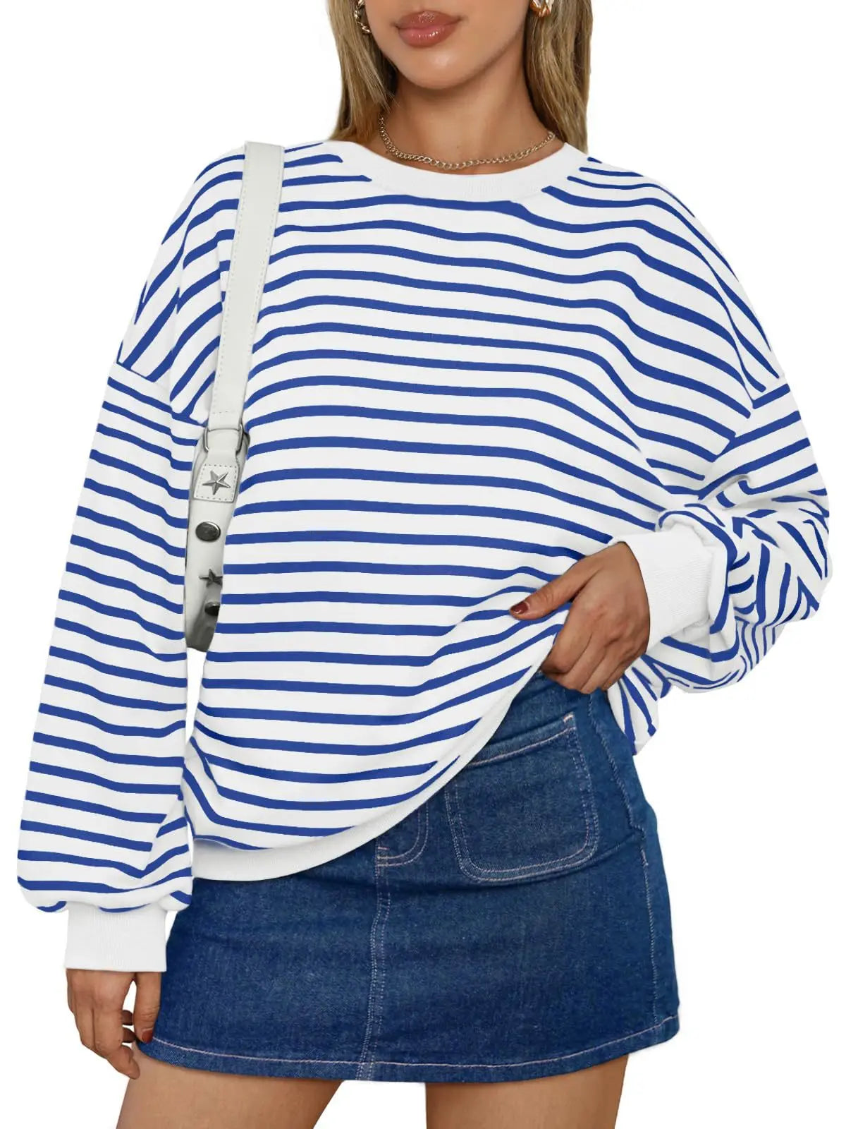 Pullovers Sweatshirts- Casual Stripes Oversized Pullover- Blue- IndioGear.com