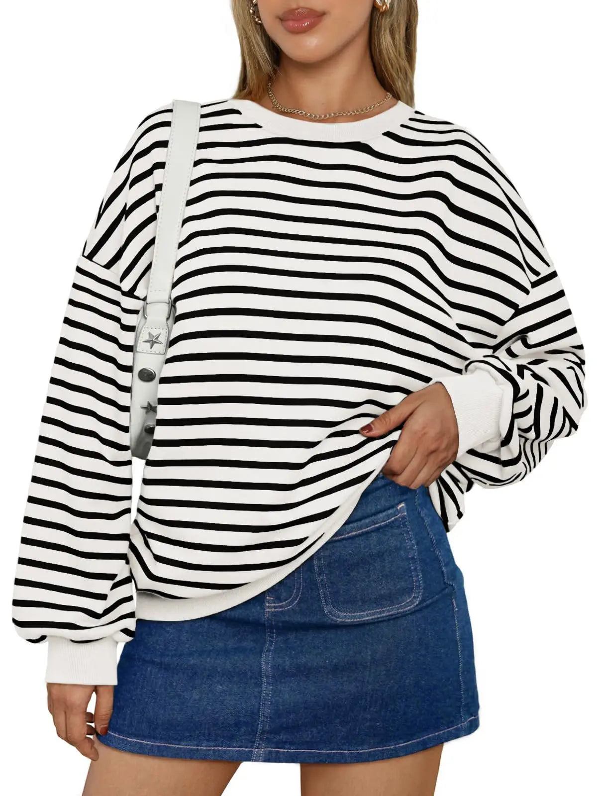 Pullovers Sweatshirts- Casual Stripes Oversized Pullover- White- IndioGear.com