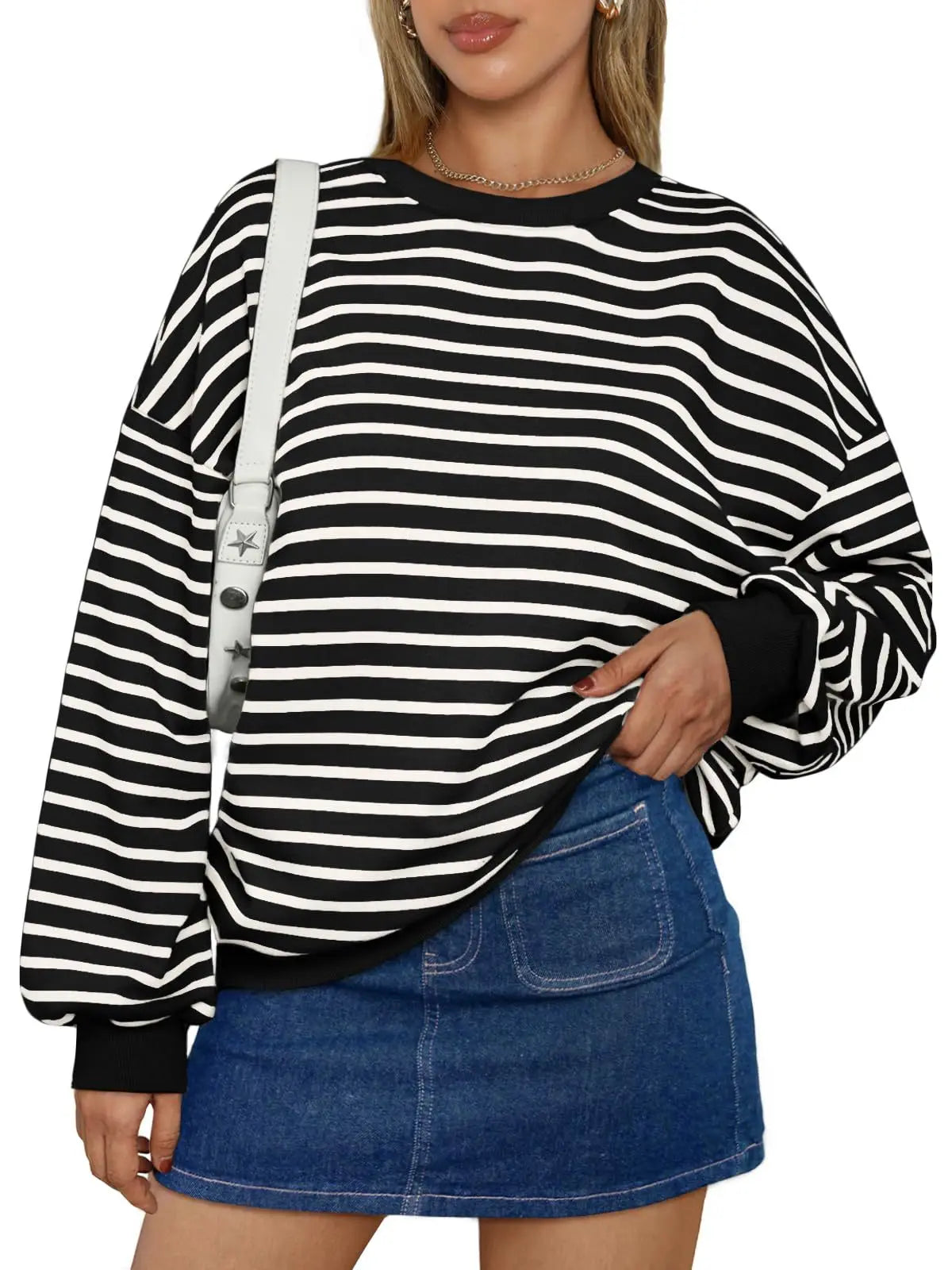 Pullovers Sweatshirts- Casual Stripes Oversized Pullover- Black- IndioGear.com