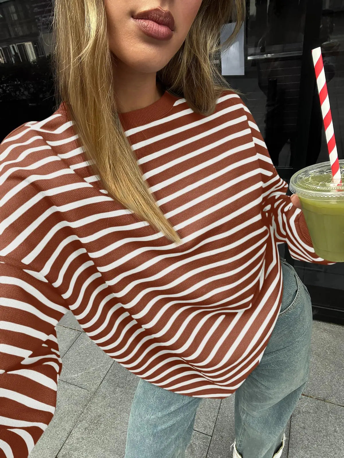 Pullovers Sweatshirts- Casual Stripes Oversized Pullover- - IndioGear.com