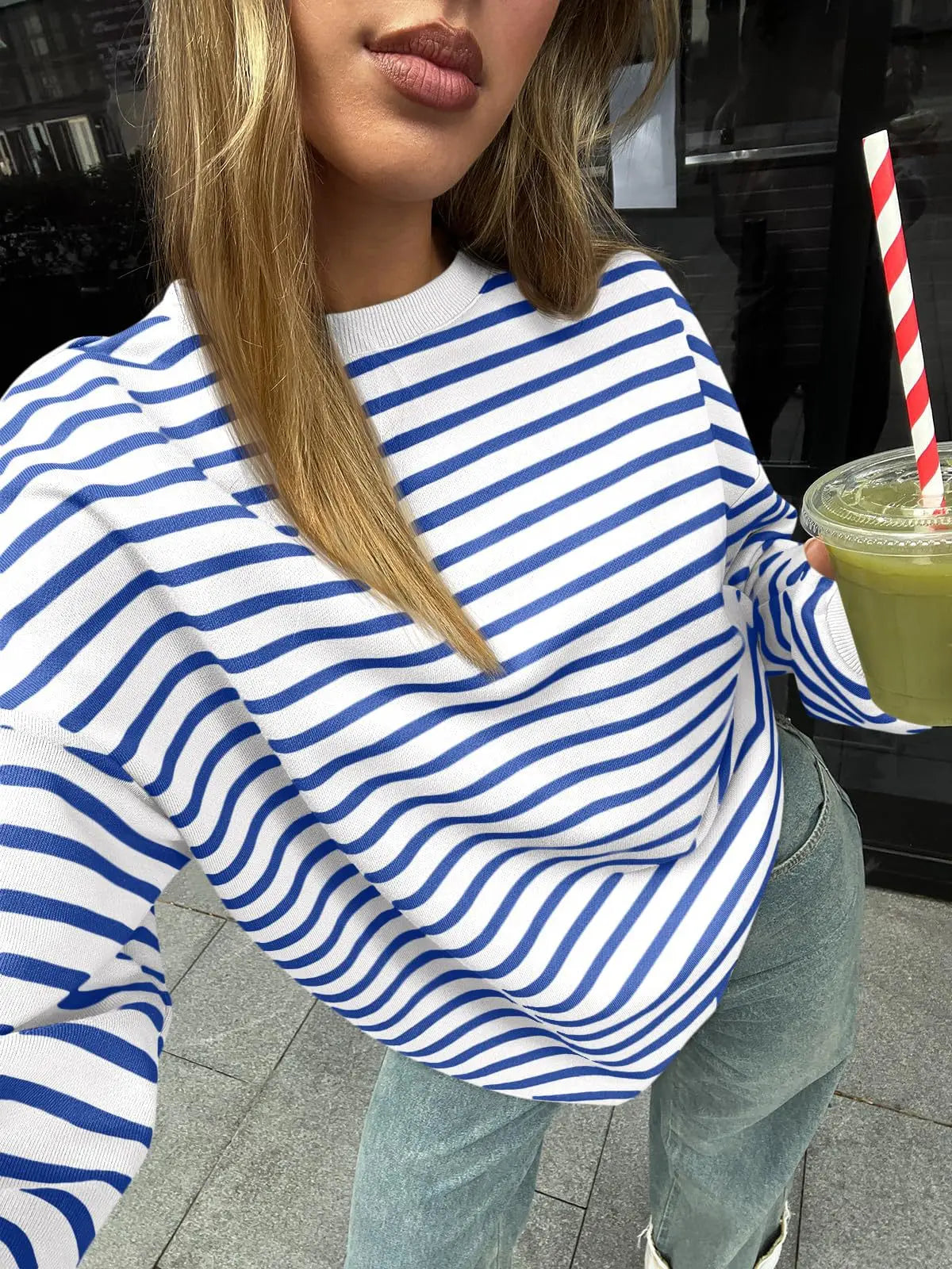 Pullovers Sweatshirts- Casual Stripes Oversized Pullover- - IndioGear.com