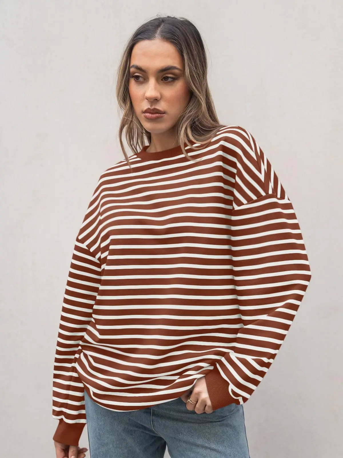 Pullovers Sweatshirts- Casual Stripes Oversized Pullover- - IndioGear.com