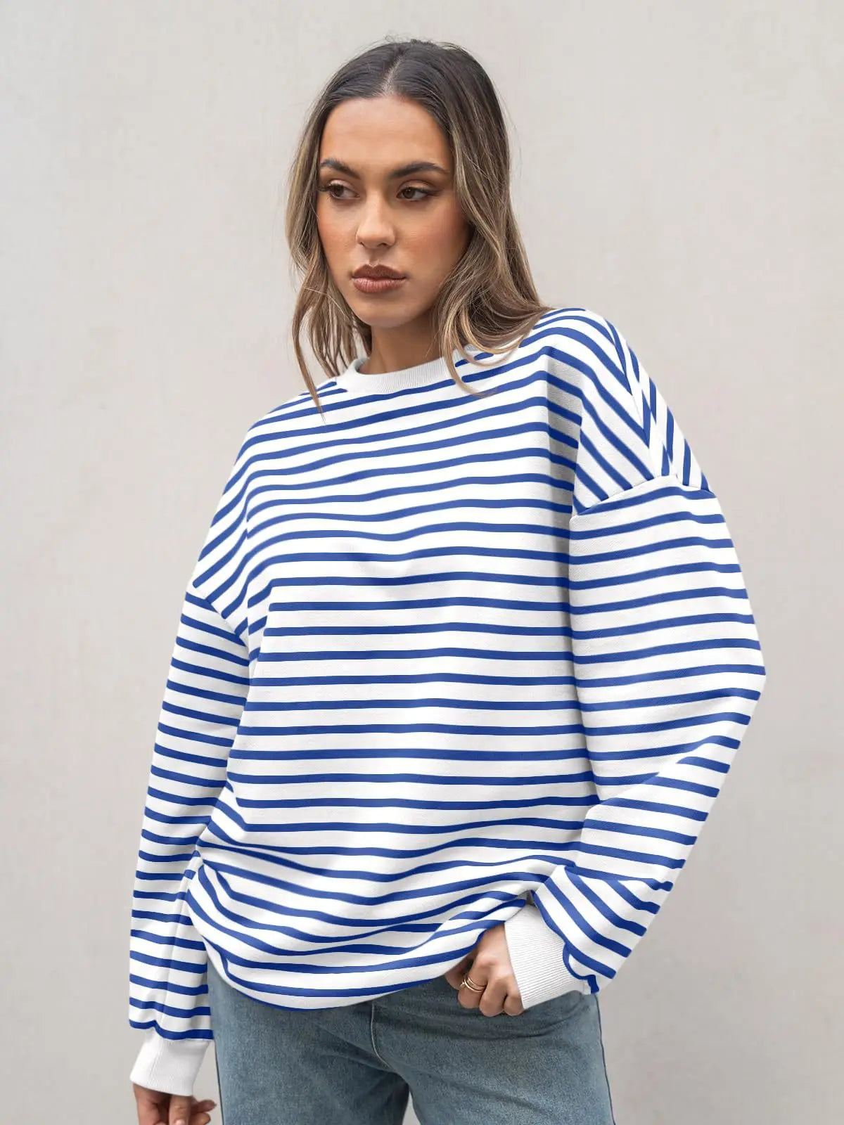 Pullovers Sweatshirts- Casual Stripes Oversized Pullover- - IndioGear.com