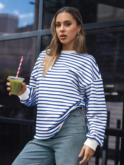 Pullovers Sweatshirts- Casual Stripes Oversized Pullover- - IndioGear.com