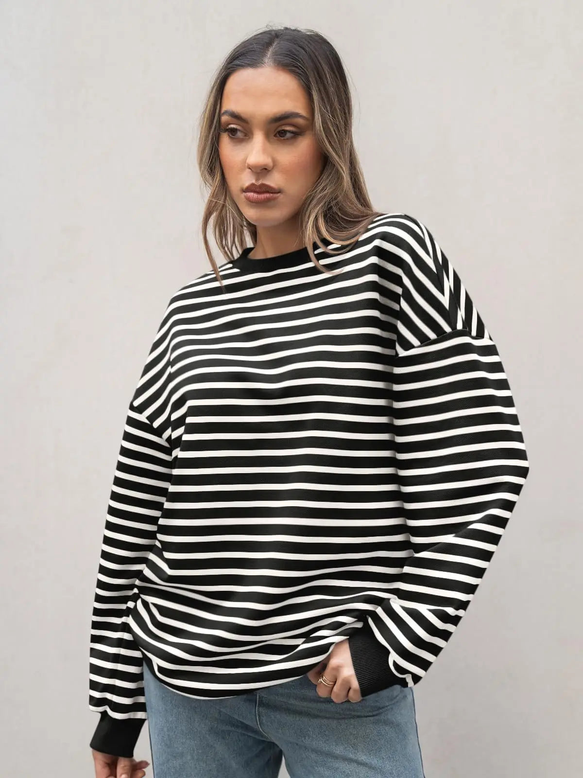 Pullovers Sweatshirts- Casual Stripes Oversized Pullover- - IndioGear.com