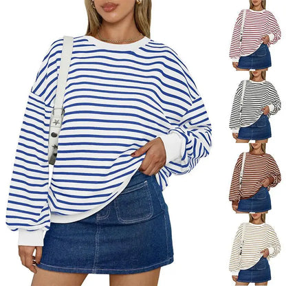 Pullovers Sweatshirts- Casual Stripes Oversized Pullover- - IndioGear.com