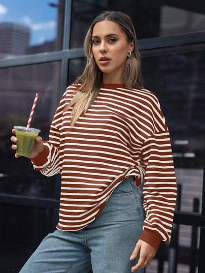 Pullovers Sweatshirts- Casual Stripes Oversized Pullover- - IndioGear.com