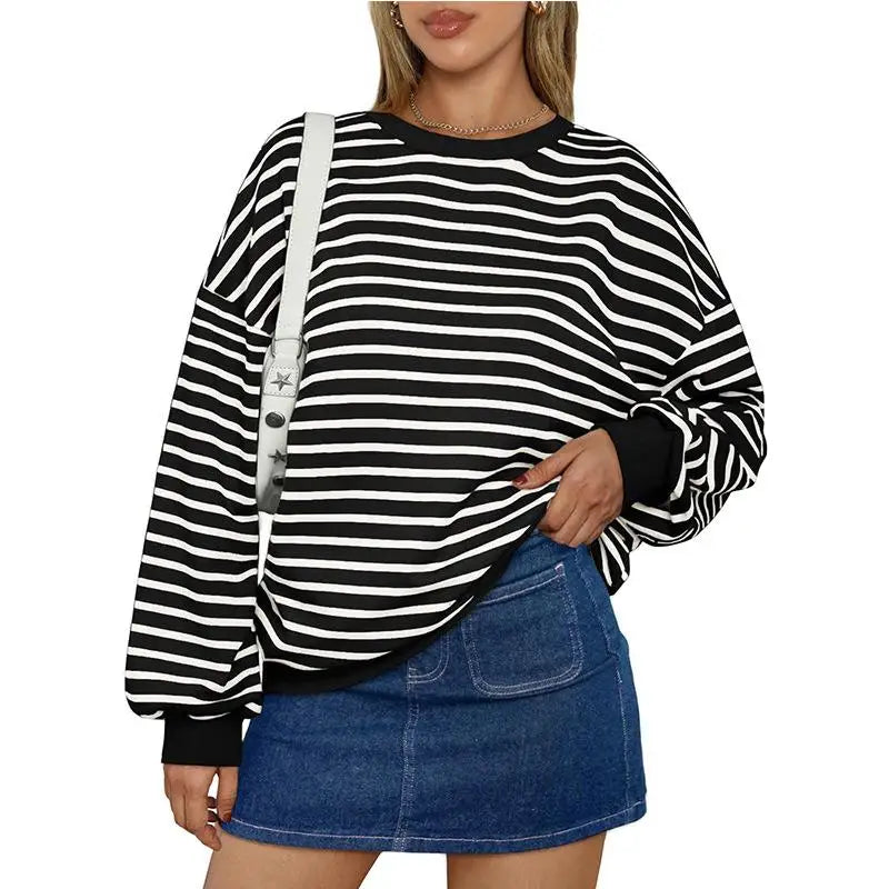 Pullovers Sweatshirts- Casual Stripes Oversized Pullover- - IndioGear.com