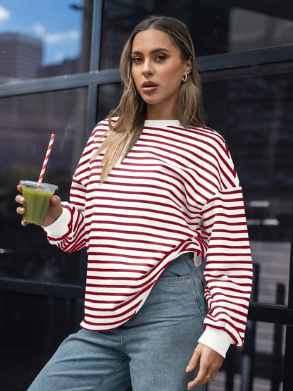 Pullovers Sweatshirts- Casual Stripes Oversized Pullover- - IndioGear.com