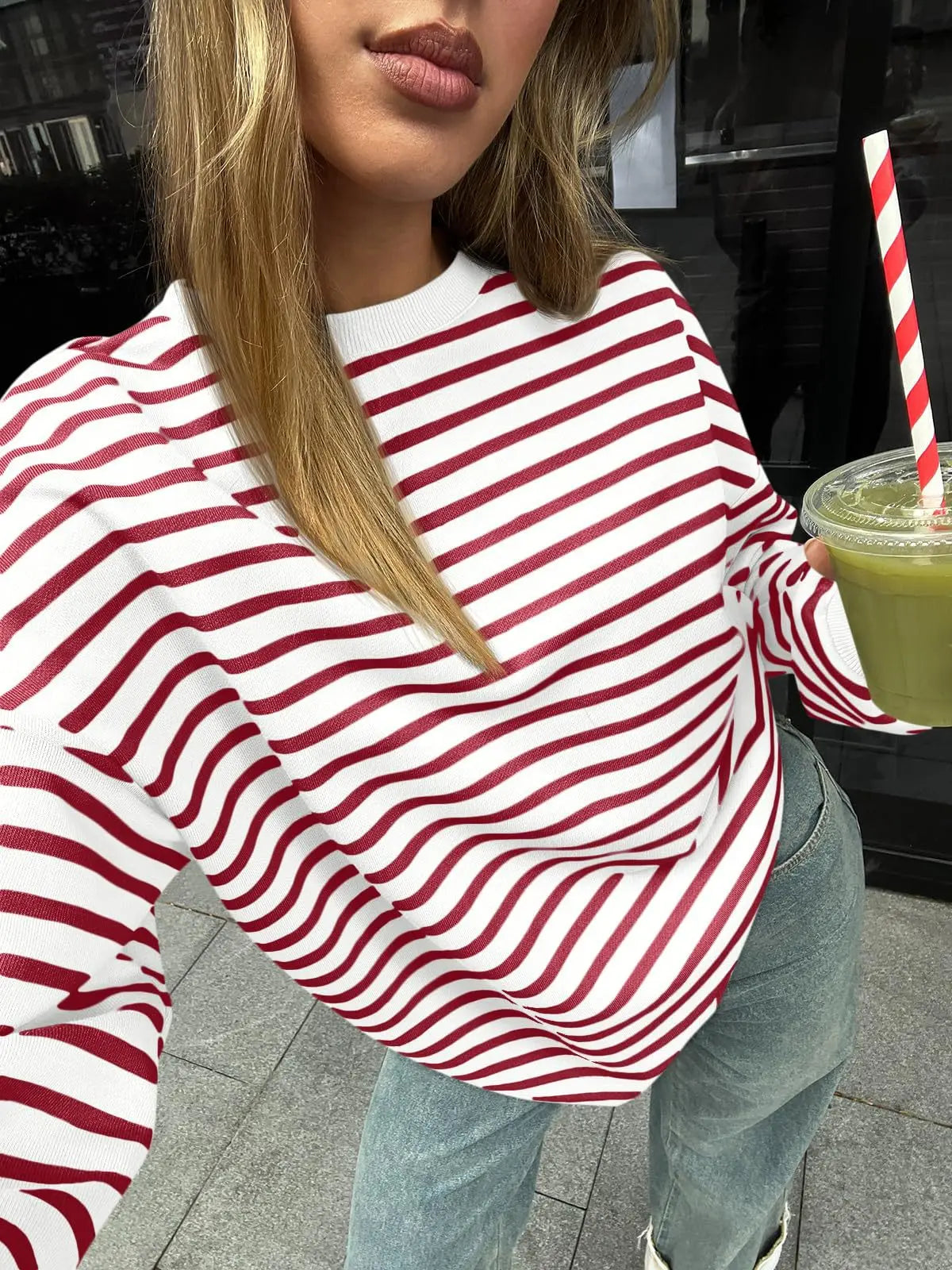 Pullovers Sweatshirts- Casual Stripes Oversized Pullover- - IndioGear.com