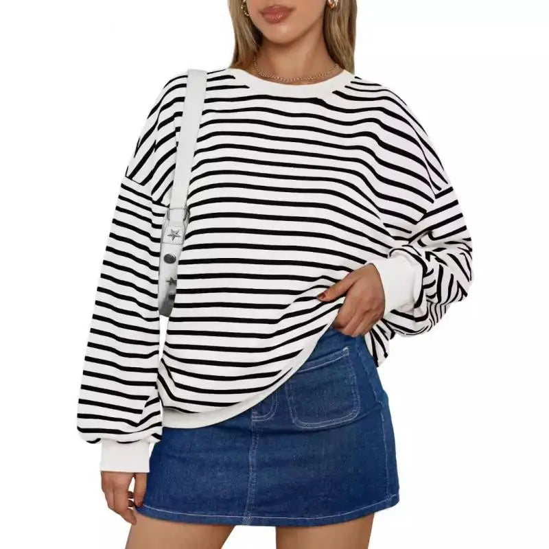 Pullovers Sweatshirts- Casual Stripes Oversized Pullover- - IndioGear.com