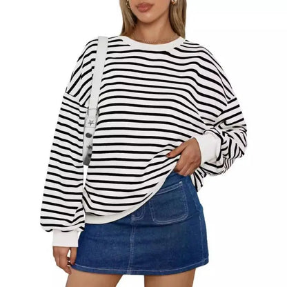 Pullovers Sweatshirts- Casual Stripes Oversized Pullover- - IndioGear.com