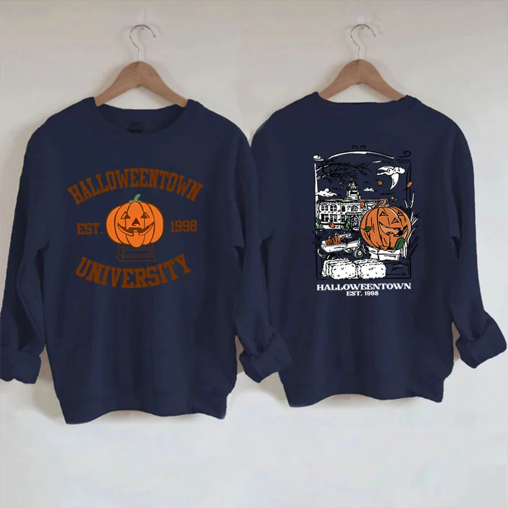 Pullovers Sweatshirts- Cozy Halloweentown University Sweatshirt – Two-Sided Print 🎃👻- Navy Blue- IndioGear.com