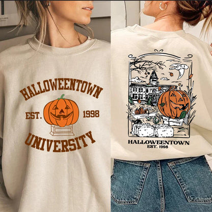 Pullovers Sweatshirts- Cozy Halloweentown University Sweatshirt – Two-Sided Print 🎃👻- Khaki- IndioGear.com