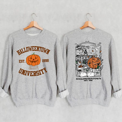 Pullovers Sweatshirts- Cozy Halloweentown University Sweatshirt – Two-Sided Print 🎃👻- Gray- IndioGear.com