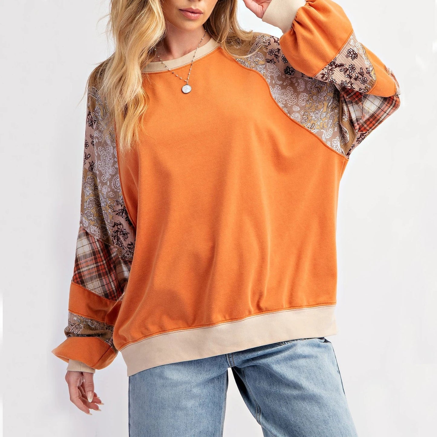 Pullovers Sweatshirts- Mixed Print Oversized Women’s Top- Orangish- IndioGear.com