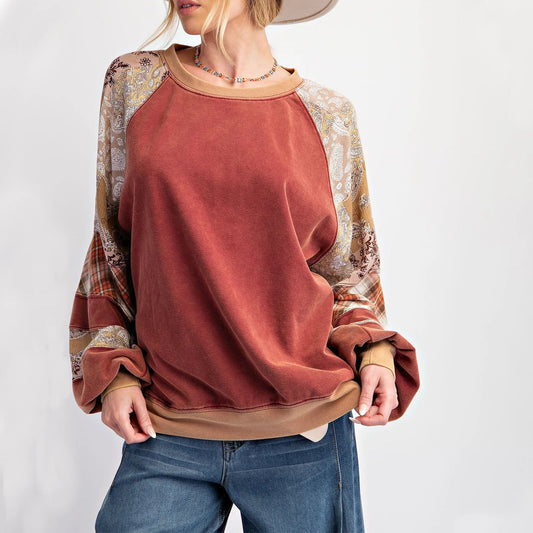 Pullovers Sweatshirts- Mixed Print Oversized Women’s Top- Deep Chestnut- IndioGear.com