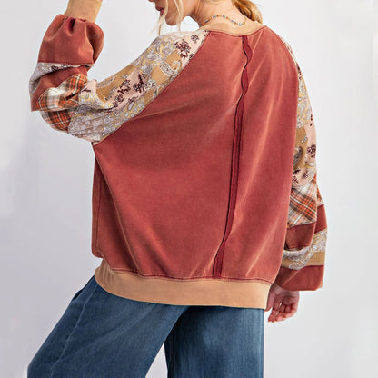 Pullovers Sweatshirts- Mixed Print Oversized Women’s Top- - IndioGear.com