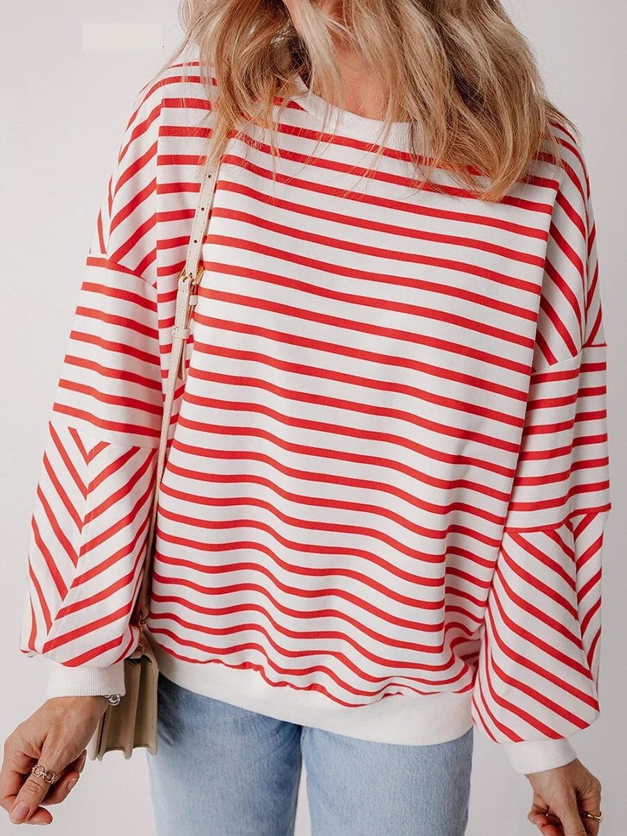 Pullovers Sweatshirts- Red & White Stripe Comfort Top- Red- IndioGear.com