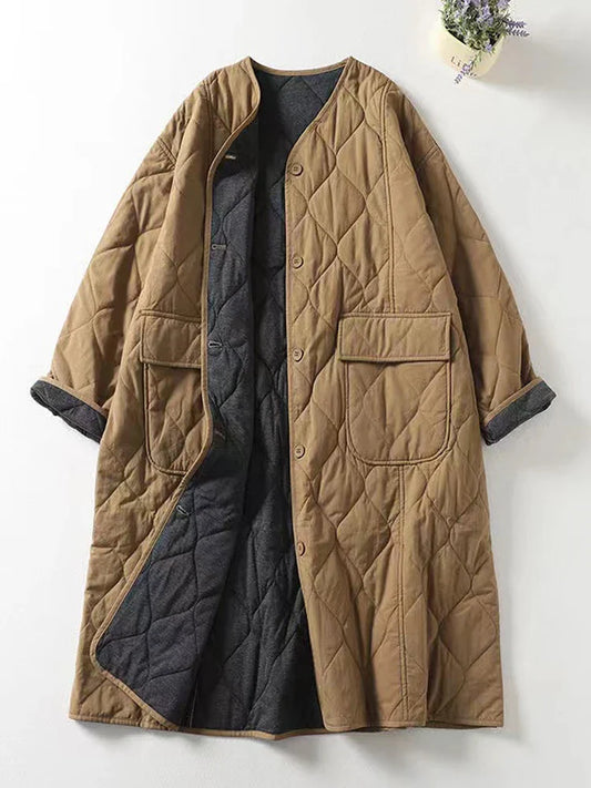 Quilted Coats- Minimalist Collarless Quilted Jacket – Warm & Stylish- Dark khaki- IndioGear.com