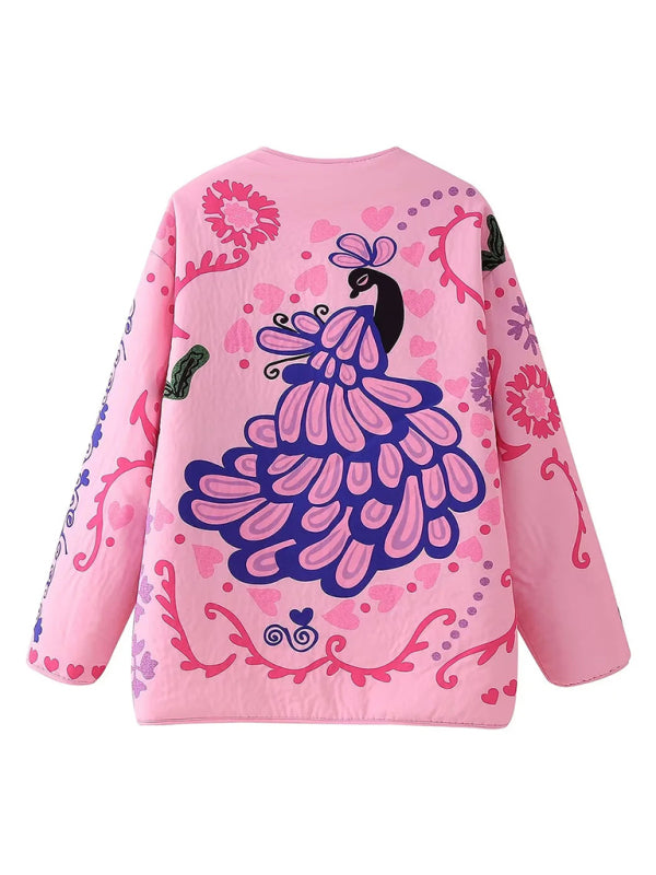 Quilted Jacekts- Floral Peacock Quilted Jacket- - IndioGear Women Clothing