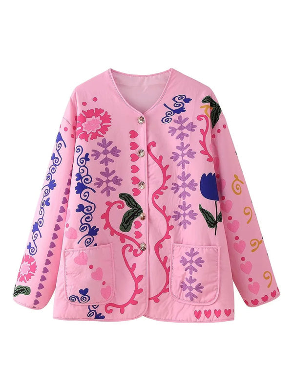 Quilted Jacekts- Floral Peacock Quilted Jacket- - IndioGear Women Clothing