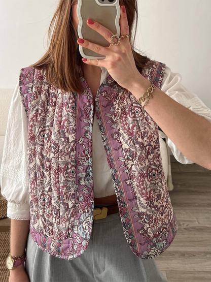 Quilted Jacket Vest- Women Floral Quilted Waistcoat- Pink Purple- IndioGear.com