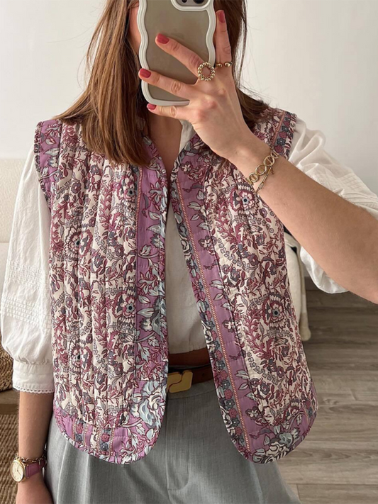 Quilted Jacket Vest- Women Floral Quilted Waistcoat- Pink Purple- IndioGear.com