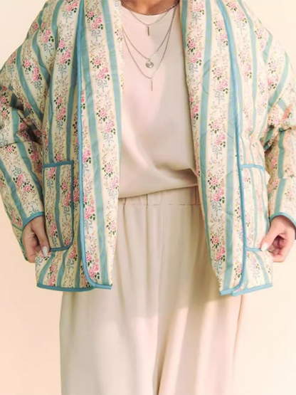 Quilted Jackets- Artistic Floral Quilted Shawl Jacket Boho Throw-On- - IndioGear.com