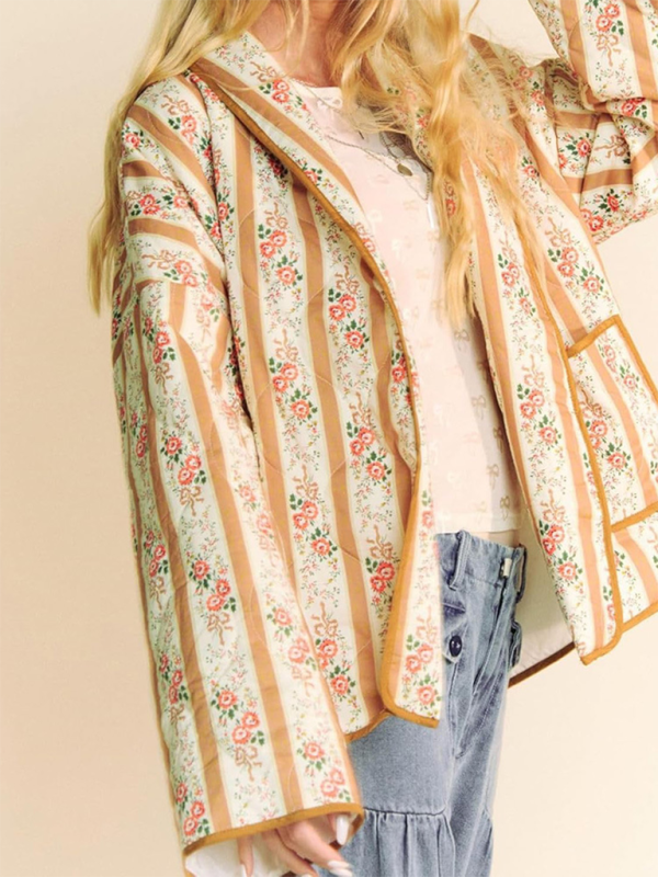 Quilted Jackets- Artistic Floral Quilted Shawl Jacket Boho Throw-On- - IndioGear.com