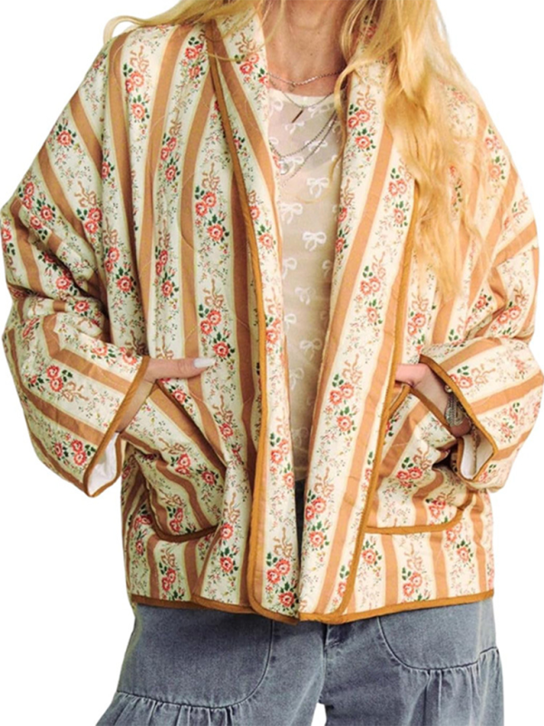 Quilted Jackets- Artistic Floral Quilted Shawl Jacket Boho Throw-On- - IndioGear.com