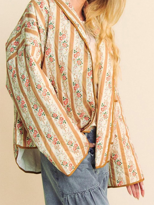 Quilted Jackets- Artistic Floral Quilted Shawl Jacket Boho Throw-On- - IndioGear.com