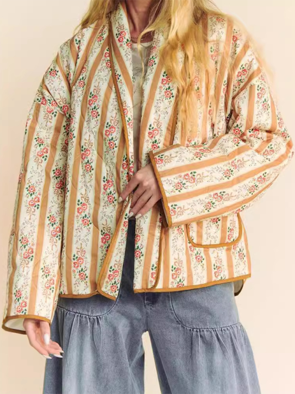 Quilted Jackets- Artistic Floral Quilted Shawl Jacket Boho Throw-On- Yellow- IndioGear.com