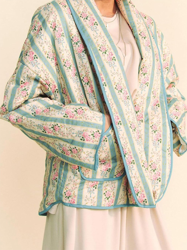 Quilted Jackets- Artistic Floral Quilted Shawl Jacket Boho Throw-On- - IndioGear.com