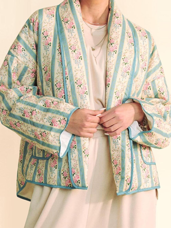 Quilted Jackets- Artistic Floral Quilted Shawl Jacket Boho Throw-On- Blue- IndioGear.com