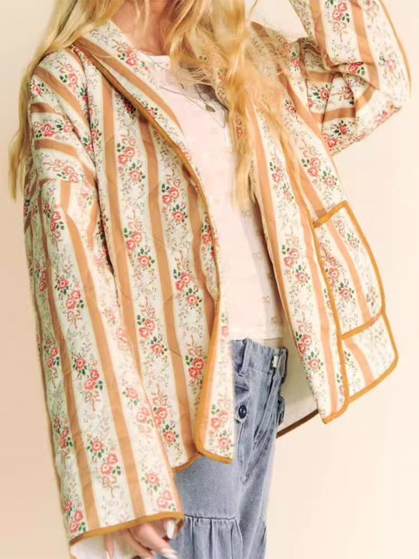 Quilted Jackets- Artistic Floral Quilted Shawl Jacket Boho Throw-On- - IndioGear.com