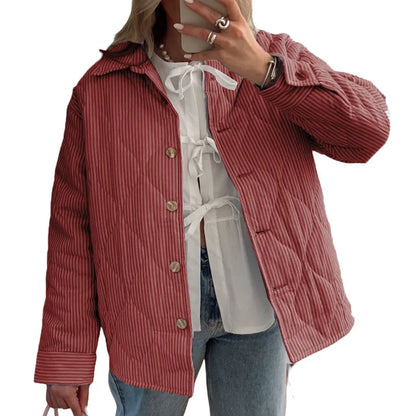 Quilted Jackets- Casual Striped Comforter Coat- Red Pear- IndioGear.com