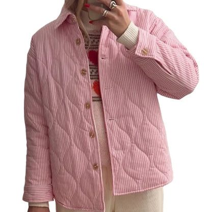 Quilted Jackets- Casual Striped Comforter Coat- Lime Pink- IndioGear.com