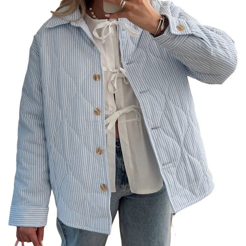 Quilted Jackets- Casual Striped Comforter Coat- Blue Heeler- IndioGear.com