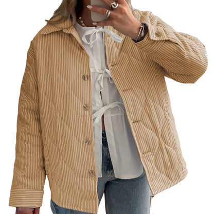 Quilted Jackets- Casual Striped Comforter Coat- Soft Fawn- IndioGear.com