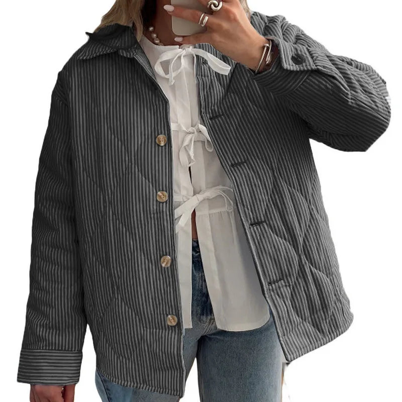 Quilted Jackets- Casual Striped Comforter Coat- Black Space- IndioGear.com