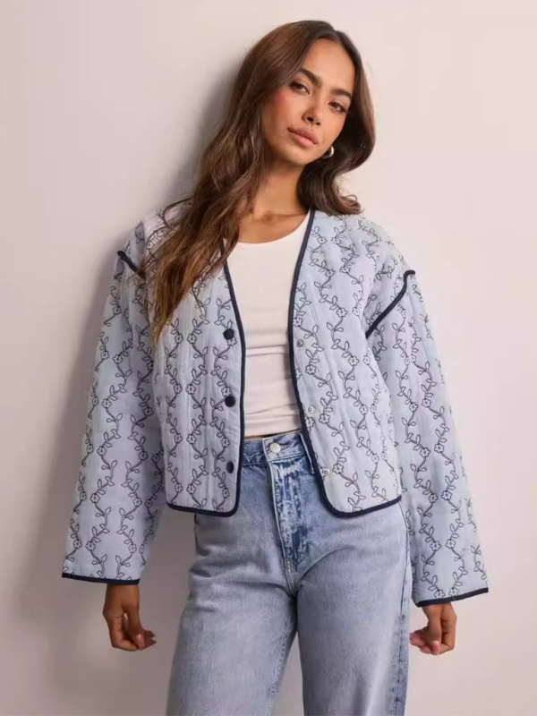 Quilted Jackets- Floral Quilted Jacket for Women- Blue- IndioGear.com