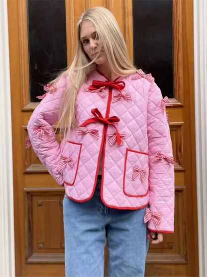 Quilted Jackets- Loose-Fit Quilted Jacket for Women with Tie-Up Bow- - IndioGear.com