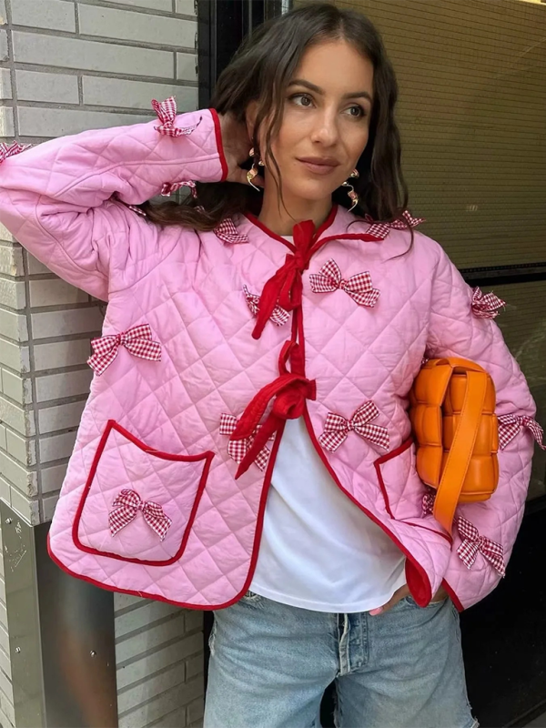 Quilted Jackets- Loose-Fit Quilted Jacket for Women with Tie-Up Bow- Pink- IndioGear.com