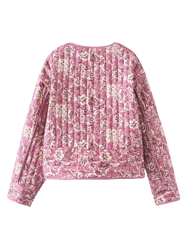 Quilted Jackets- Pink Floral Quilted Jacket for Everyday Adventures- - Chuzko Women Clothing