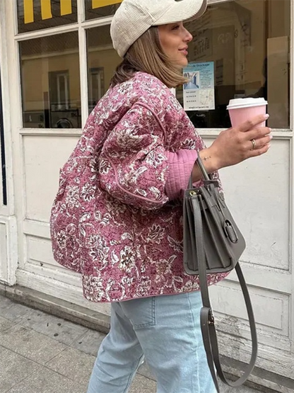 Quilted Jackets- Pink Floral Quilted Jacket for Everyday Adventures- - Chuzko Women Clothing