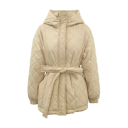 Quilted Jackets- Quilted Winter Jacket with Belted Waist- Beige- IndioGear.com