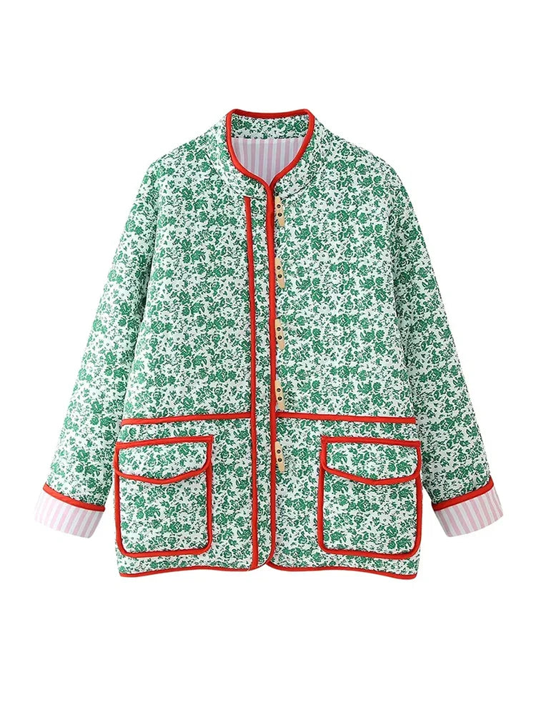 Quilted Jackets- Women Floral Print Retro-Inspired Jacket- - IndioGear.com