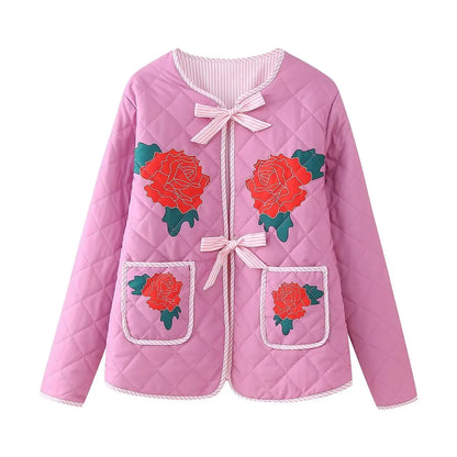 Quilted Jackets- Women Floral Quilted Jacket with Tie-Up Bow- Pink- Chuzko Women Clothing